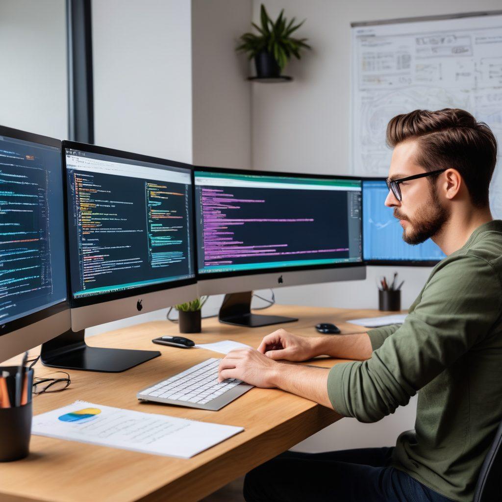 A dynamic scene of a developer engrossed in coding at a sleek, dual-monitor setup, with vibrant lines of Java code on one screen and a mockup of a beautifully designed website on the other. The background depicts a modern, creative workspace with design tools, sketches, and flowcharts pinned on the wall. super-realistic. vibrant colors.