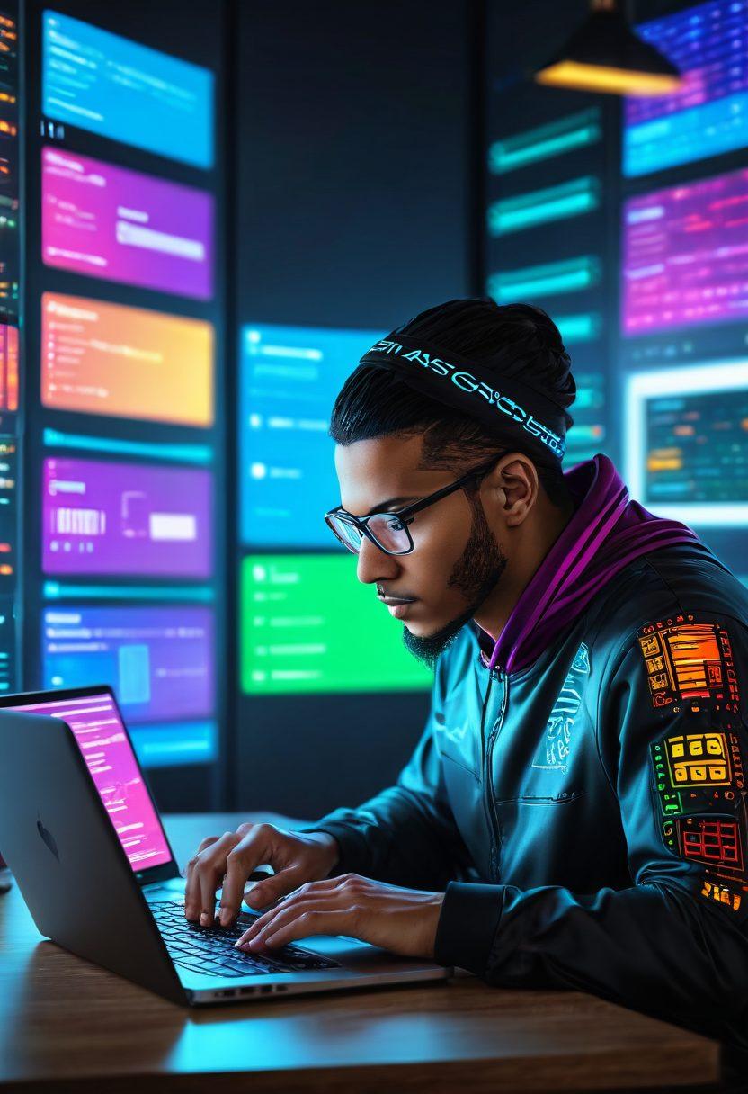 A dynamic scene featuring a programmer with a laptop, seamlessly bridging the gap between colorful frontend interfaces and intricate backend servers. Elements like HTML tags, CSS grids, Java code snippets, and database icons should merge seamlessly, symbolizing full-stack development. super-realistic. vibrant colors. futuristic vibes.