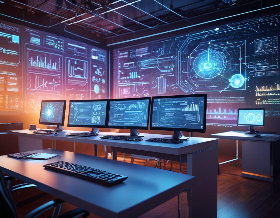 A futuristic workspace with a glowing computer screen displaying Java code. Surrounding it are holographic diagrams and flowcharts depicting step-by-step processes. In the background, abstract connections symbolizing the internet seamlessly integrate with the real world. Highly detailed and dynamic, illustrating the transformation from ideas to reality. 3D. vibrant colors.